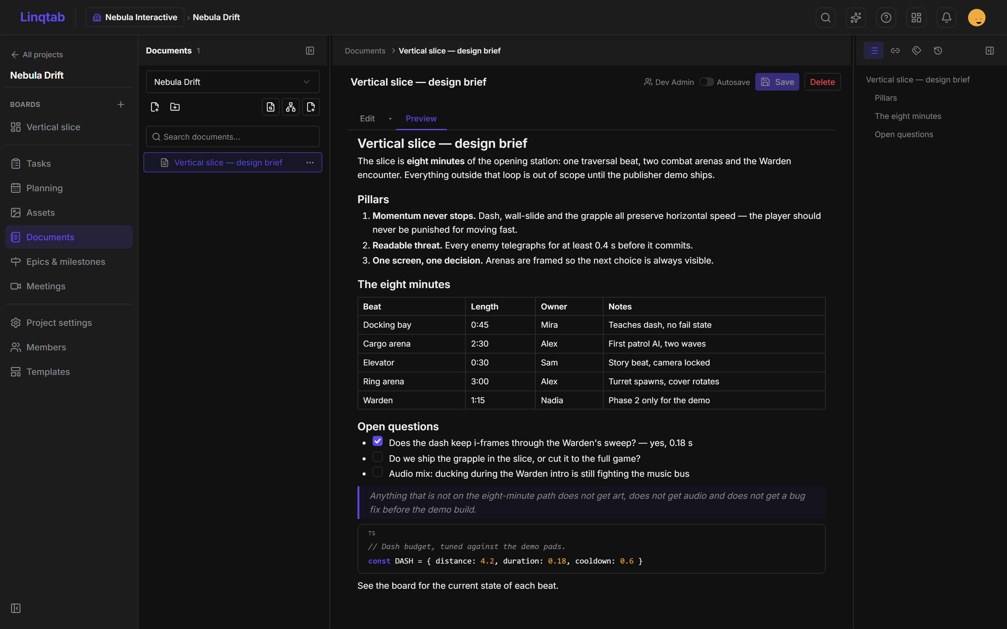 A project document in Linqtab: rendered markdown with a table, a checklist and a code block, next to the document tree and the outline