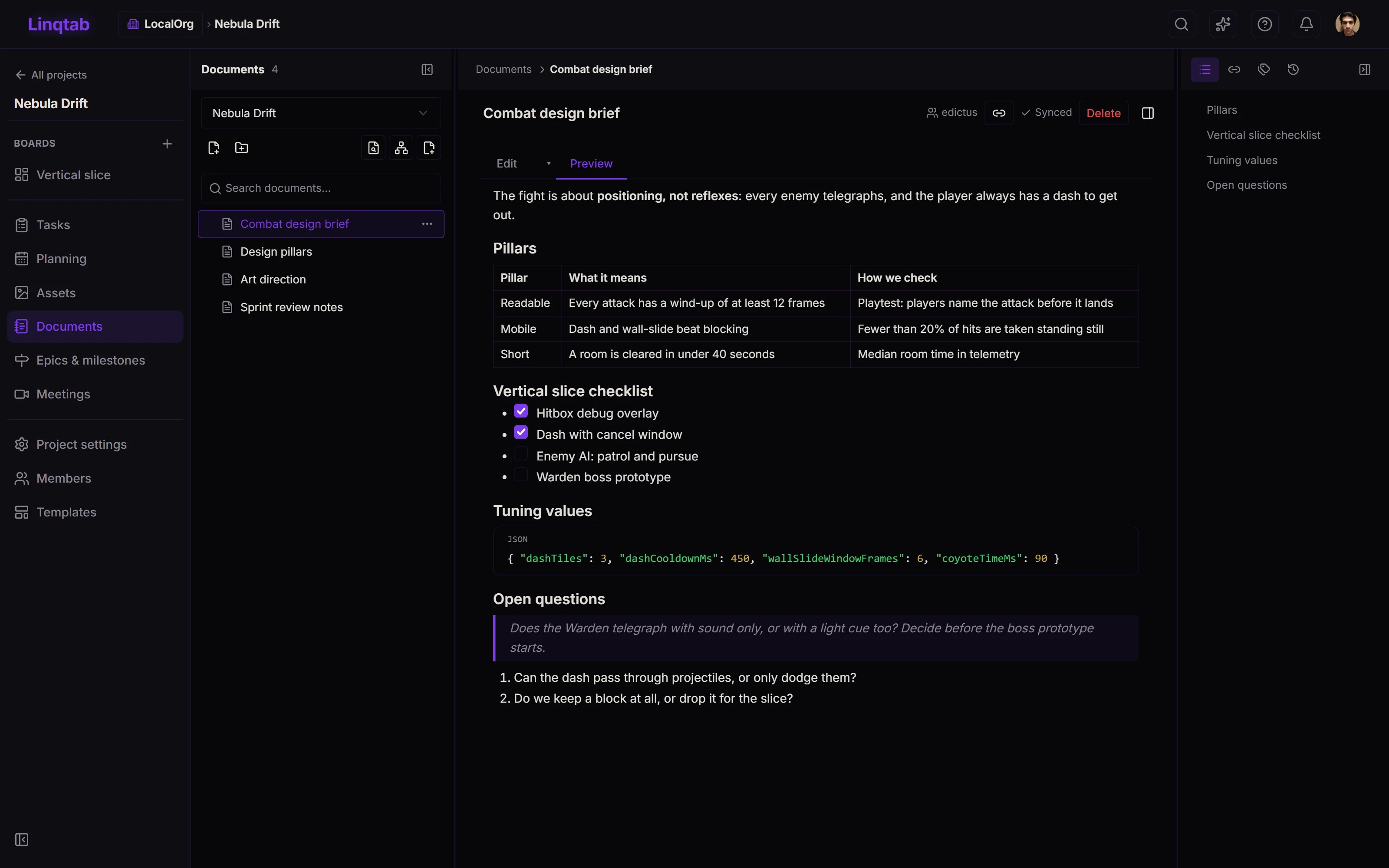 A project document in Linqtab: rendered markdown with a table, a checklist and a code block, next to the document tree and the outline