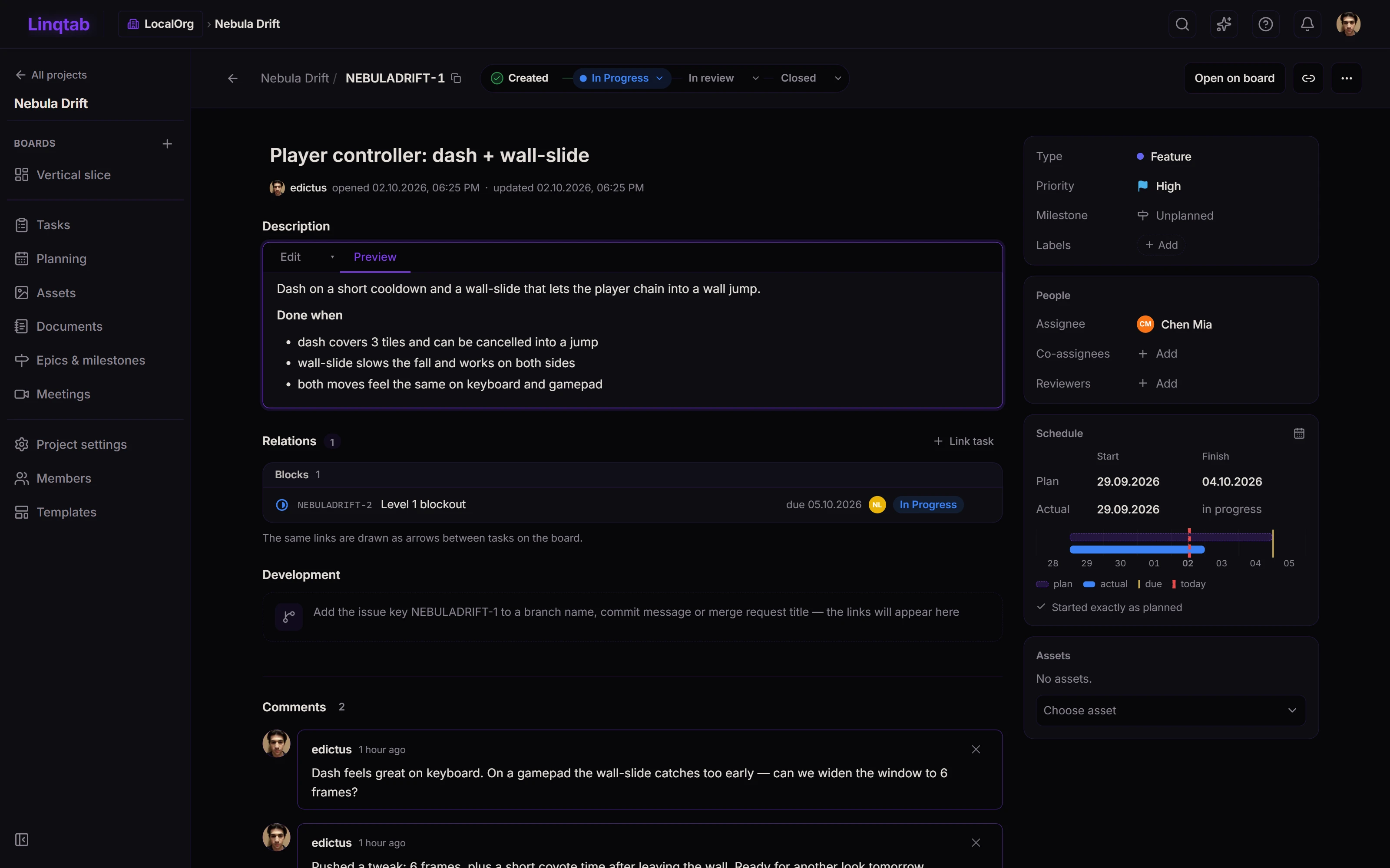 A task page in Linqtab: the lifecycle stepper with “In Progress” highlighted, the description, two comments and the field panel with priority, status, assignee and dates