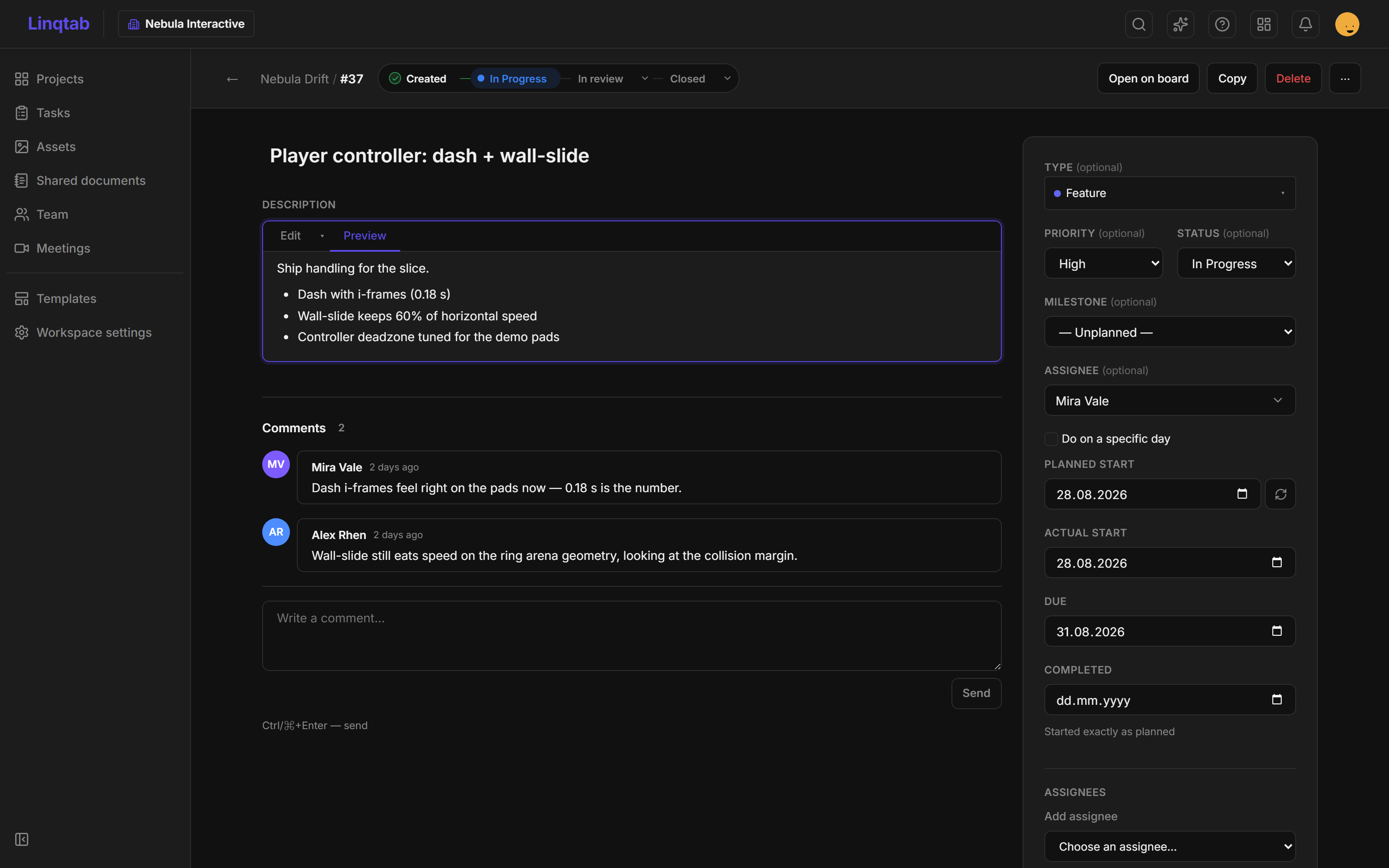 A task page in Linqtab: the lifecycle stepper with “In Progress” highlighted, the description, two comments and the field panel with priority, status, assignee and dates